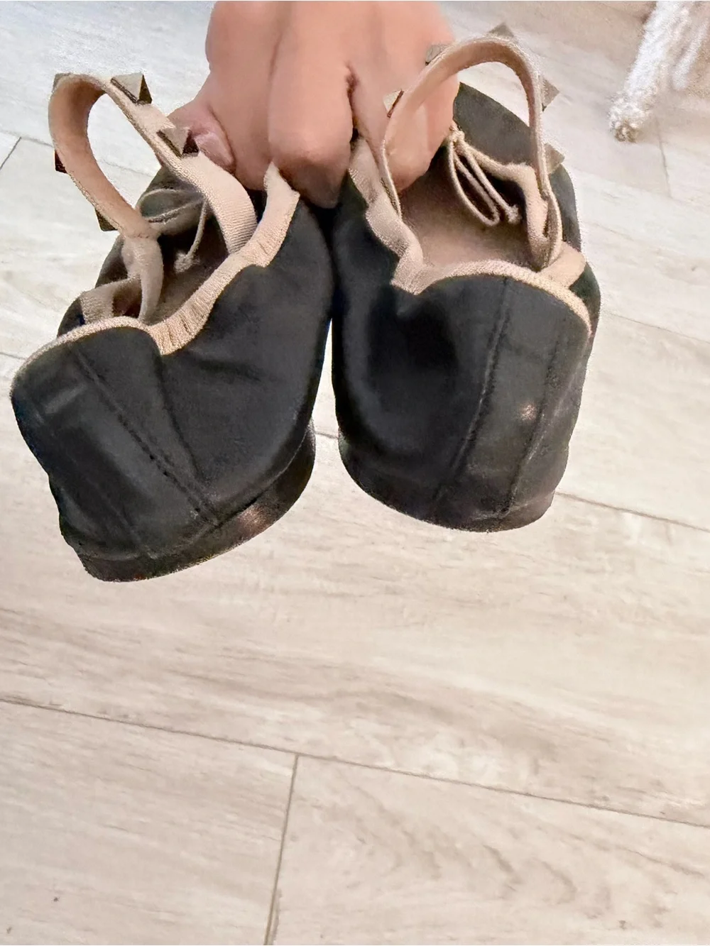 Valentino Black Ballet Flats with Beige Trim and Pyramid Stud Strap